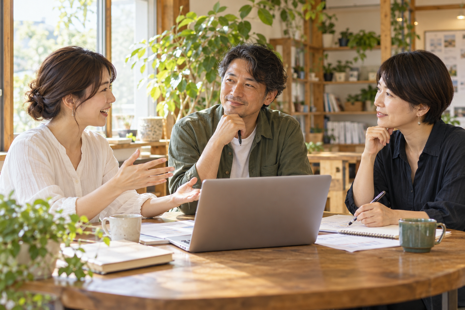 明るいカフェで、40代くらいの人たちが資料とパソコンを囲んで話す相談風景のイメージ