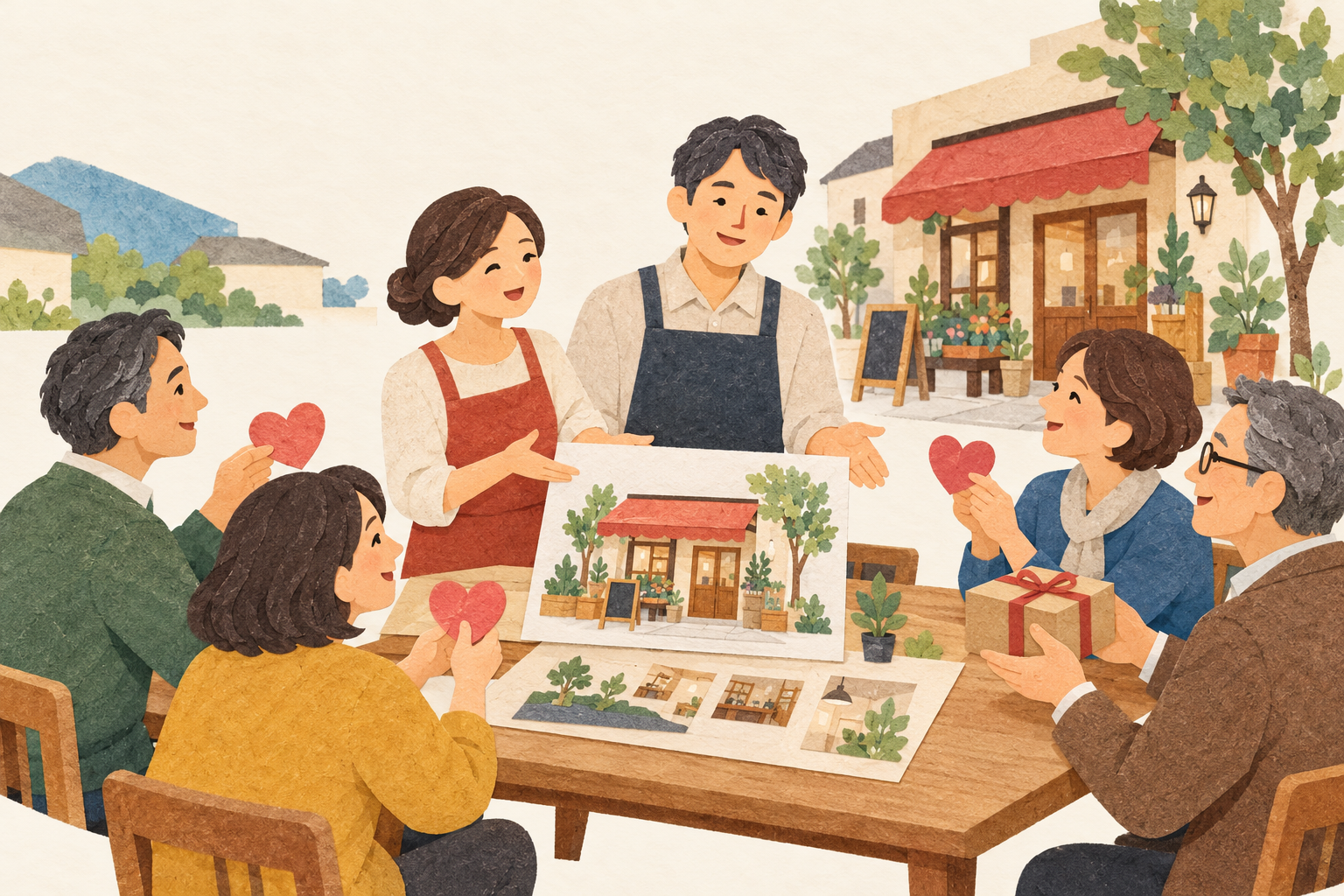 お店の企画を地域の人たちが応援する説明用イラスト